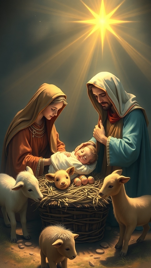 Nativity scene with Mary, Joseph, and baby Jesus in a manger, illuminated by a bright star.